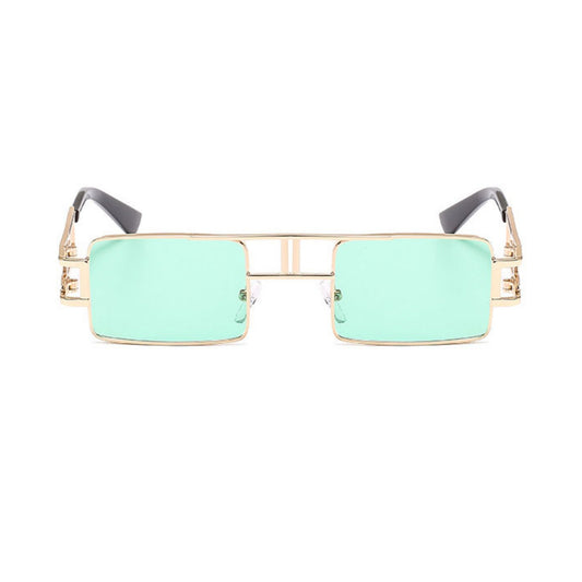 Ορθογώνια Γυαλιά Ηλίου Cube της Exposure Sunglasses με προστασία UV400 με χρυσό χρώμα σκελετού και πράσινο φακό.