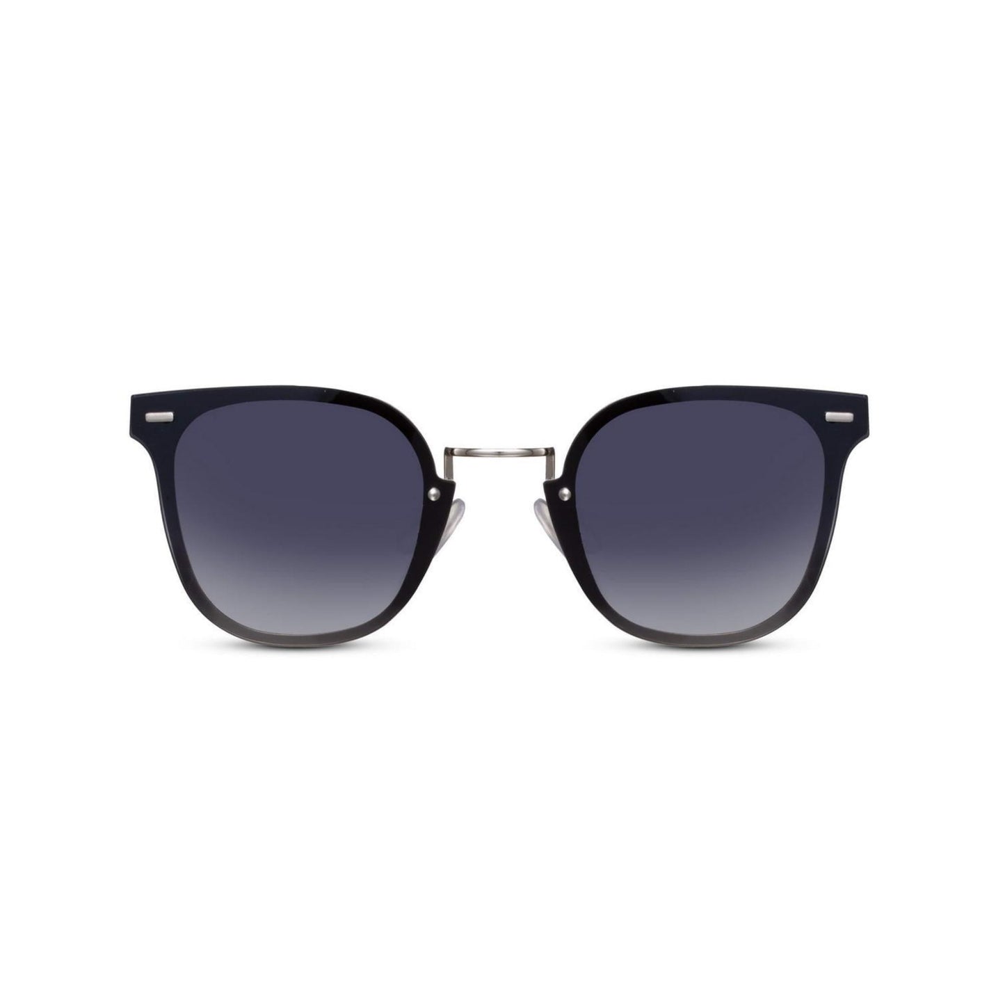 Ορθογώνια Γυαλιά ηλίου Kaly της Exposure Sunglasses με προστασία UV400 σε ασημί χρώμα σκελετού και μαύρο φακό.