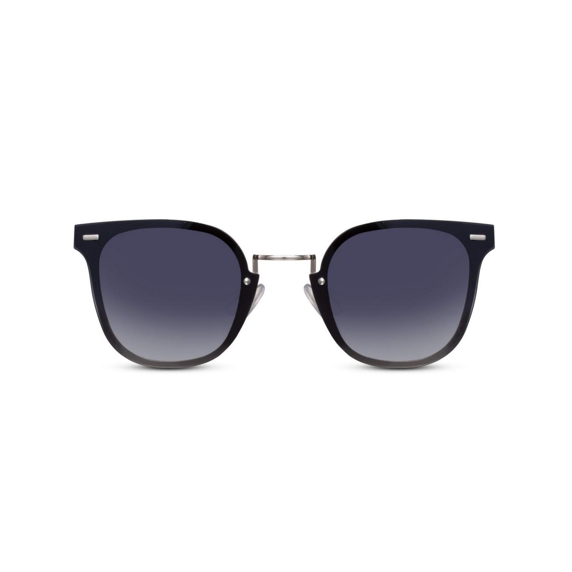 Ορθογώνια Γυαλιά ηλίου Kaly της Exposure Sunglasses με προστασία UV400 σε ασημί χρώμα σκελετού και μαύρο φακό.