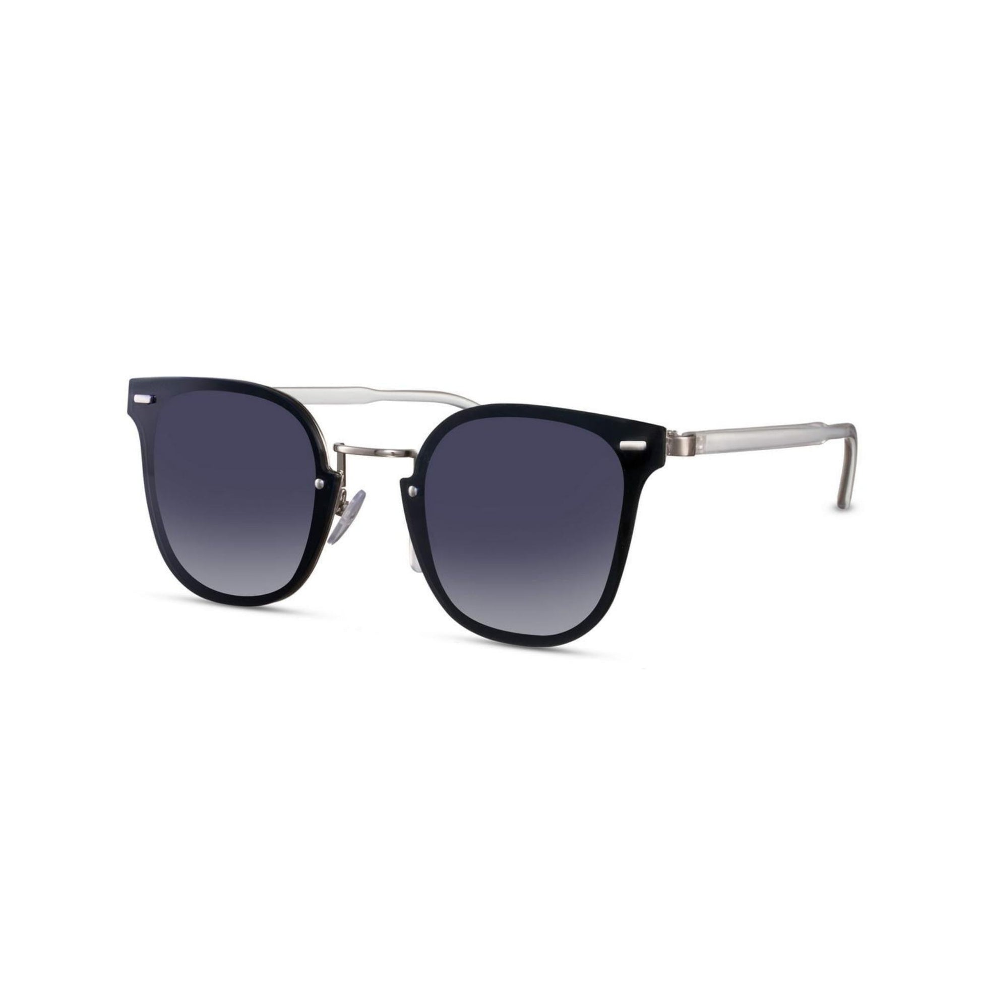 Ορθογώνια Γυαλιά ηλίου Kaly της Exposure Sunglasses με προστασία UV400 σε ασημί χρώμα σκελετού και μαύρο φακό. Πλάγια προβολή