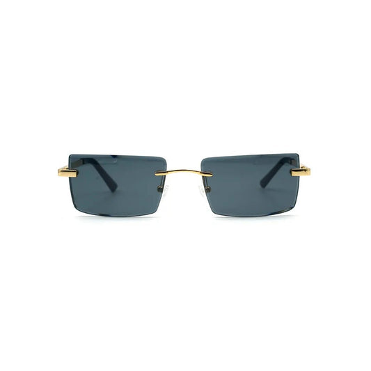 Ορθογώνια Γυαλιά ηλίου Joel της Exposure Sunglasses με προστασία UV400 σε χρυσό χρώμα σκελετού και μαύρο φακό.